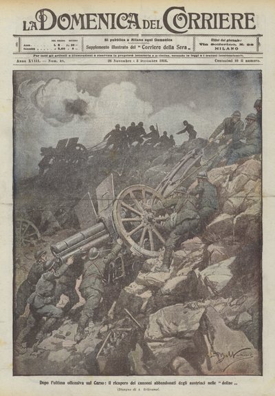 カルストへの最後の攻撃の後、オーストリア人が陥没穴に捨てた大砲の回収 作： Achille Beltrame