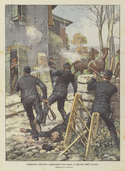 パレルモ近郊の旅団の劇的な対立と破壊 作： Achille Beltrame