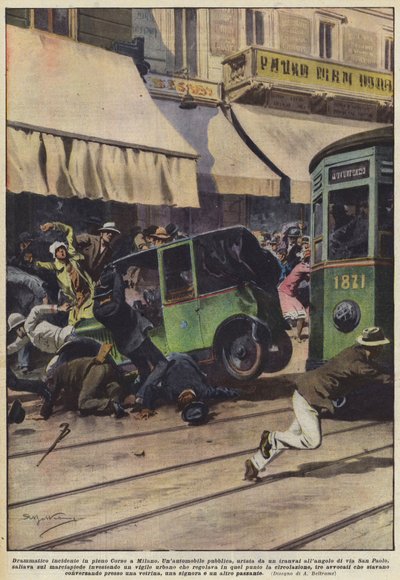 ミラノのコルソの真ん中で劇的な事故 作： Achille Beltrame