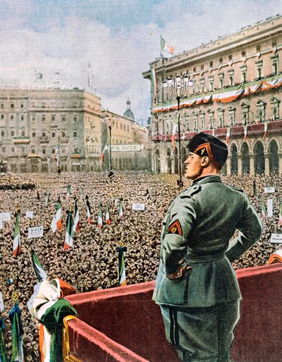 ミラノのドゥオモ広場でのドゥーチェの演説（Achille Beltrame（1871-1945）作、『La Domenica del Corriere』（1930年5月号）より 作： Achille Beltrame