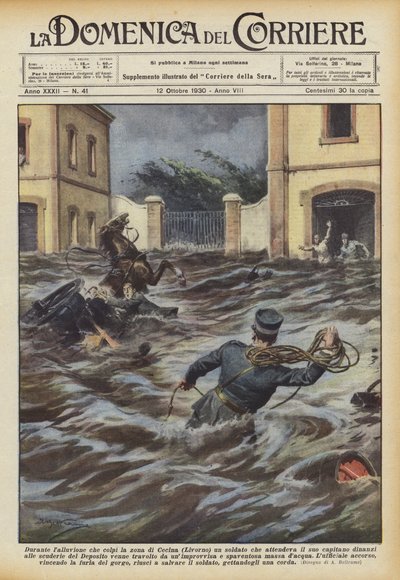 チェシーナ（リボルノ）の地域を襲った洪水の間に、彼の船長を待っている兵士？ 作： Achille Beltrame