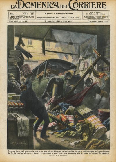 夜の散歩の時間中に、車がリボルノの通りで、道路からジャンプしましたか？ 作： Achille Beltrame