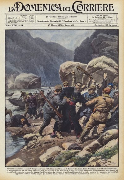 中国南部の川沿いの司牧訪問中に、イタリアの司教モンス？ 作： Achille Beltrame