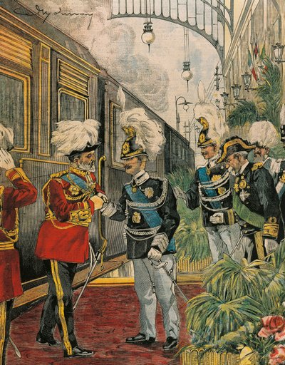 ローマに到着したイギリス国王エドワード7世 イラストレーター アキレ・ベルトラメ（1871-1945）『ラ・ドメニカ・デル・コリエール』より 作： Achille Beltrame