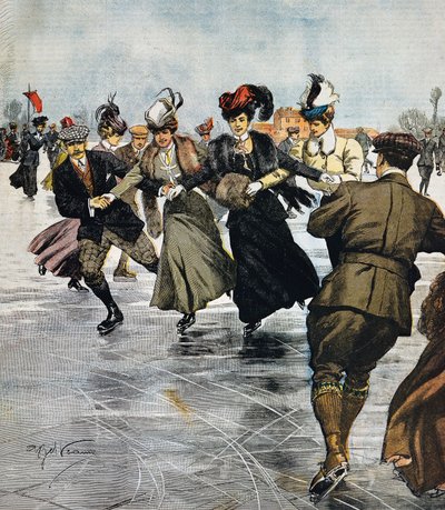 流行の娯楽、アイススケート、Achille Beltrame（1871-1945）のイラスト、「La Domenica del Corriere」1月27日号より。 作： Achille Beltrame