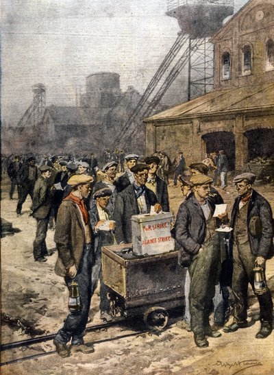 イギリスの鉱山労働者のストライキ。イラストはAchille Beltrame。"La Domenica del Corriere" 作： Achille Beltrame