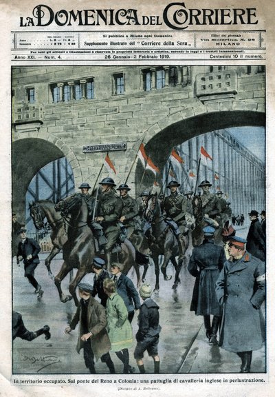 ドイツにおけるイギリスのプレゼンス：ケルンのライン川の橋の上にいる軍人たち。ベルトラメのイラスト。La Domenica del Corriere.01/1919. 作： Achille Beltrame