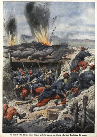 1914年の戦争のエピソード。塹壕の中のフランス軍が敵の爆撃を受ける。"La Domenica del Corriere" 作： Achille Beltrame