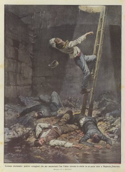 不運な英雄、死を助け合う勇気ある4人？ 作： Achille Beltrame