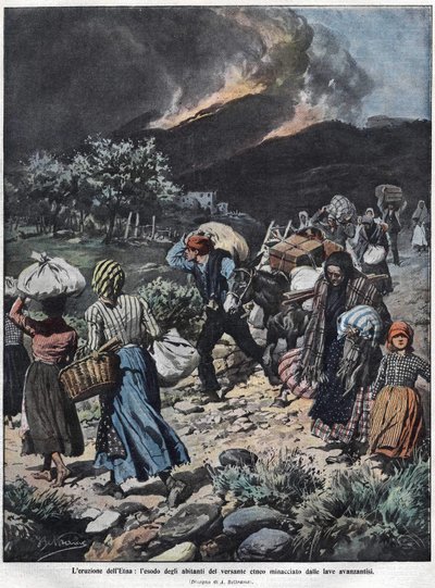 1910年のエトナ火山の噴火。アキレス・ベルトラメのイラスト。 作： Achille Beltrame