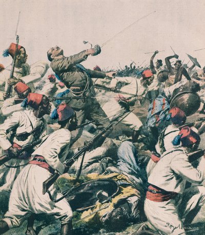 エチオピア軍によるリュウの守備隊への攻撃とボンジョバンニ大尉の殺害（イラスト、Achille Beltrame（1871-1945）、『La Domenica del Corriere』より）。 作： Achille Beltrame