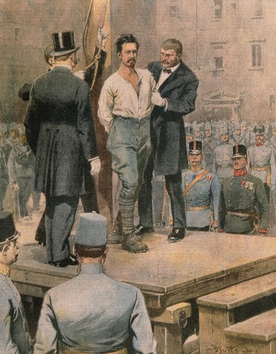 トレントでのチェーザレ・バッティスティの処刑、Achille Beltrame作、挿絵、Illustrator Achille Beltrame (1871-1945)、La Domenica del Corriereより、1916年7月 作： Achille Beltrame