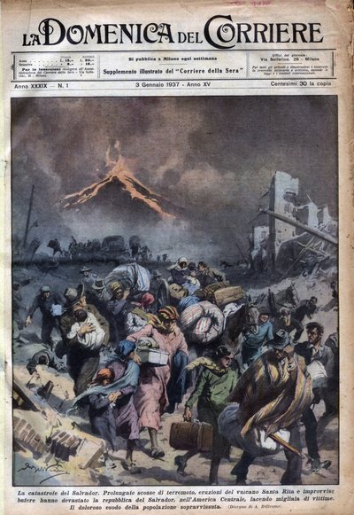 地震とサンタ・リタ火山の噴火により、エルサルバドルの人々が脱出する様子。1937年3月1日付の "La domenica del corriere "に掲載されたAchille Beltrameのイラスト。 作： Achille Beltrame