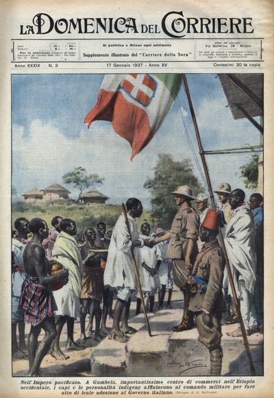 1937年のファシズム。エチオピア帝国の貿易の中心地であるガンベラで、イタリア政府への加盟を目的とした先住民族の首長や著名人の会合。17-01-19「La domenica del corriere」に掲載されたAchille Beltrameのイラスト 作： Achille Beltrame