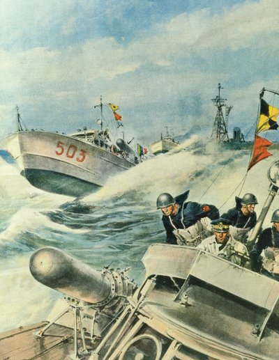 地中海をパトロールするイタリア海軍の高速モーターボート（9月12日 作： Achille Beltrame