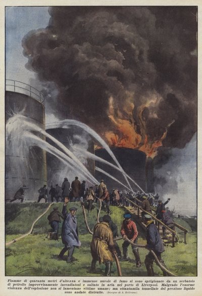 タンクから放出された高さ40メートルの炎と巨大な煙の雲？ 作： Achille Beltrame