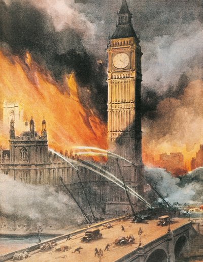 ドイツ軍の爆撃を受けたロンドンのウェストミンスター宮殿の火災、「The Sunday Courier」のイラスト 作： Achille Beltrame