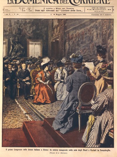 ローマの議事堂で開催されたイタリア初の女性会議、イラストはAchille Beltrame、5月3日の「La Domenica del Corriere」より。 作： Achille Beltrame