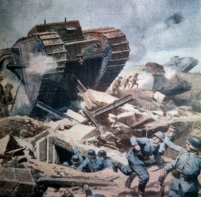 第一次世界大戦（1914-1918）。"Assaults of English tanks in Picardy" La Domenica del Corriere 1916よりアキレスのベルトレームのイラスト 作： Achille Beltrame