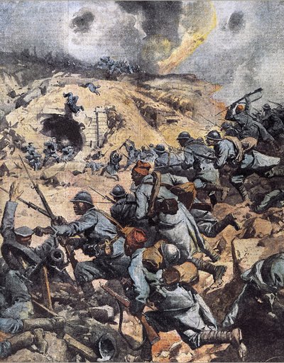 第一次世界大戦：「Verdunの戦いを終えてドイツ軍に占領されたVerdun近くのDouaumontの砦を襲撃する植民地軍（モロッコ歩兵連隊、セネガルのティライユール）、1916年10月24日」（WWI:3つの歩兵ディが奪還したドゥーモン砦 作： Achille Beltrame