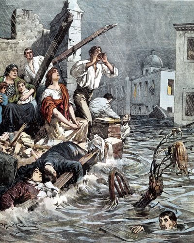 1901年、モディカ（シチリア）の洪水。La Domenica del Corriere.イラスト・ドゥ・ベルトラメ 作： Achille Beltrame