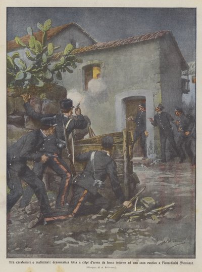 カラビニエリと悪役の間で、素朴な家の周りの銃撃戦との劇的な戦い？ 作： Achille Beltrame
