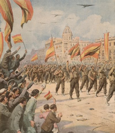 勝利の旗を掲げてマドリッドに入るフランコのスペイン（Achille Beltrame（1871-1945）、La Domenica del Corriere 4月2日より 作： Achille Beltrame