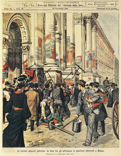 ミラノでの総選挙：政治ポスターを掲げる人々の対立（Achille Beltrame（1871-1945）著、『La Domenica del Corriere』より 作： Achille Beltrame
