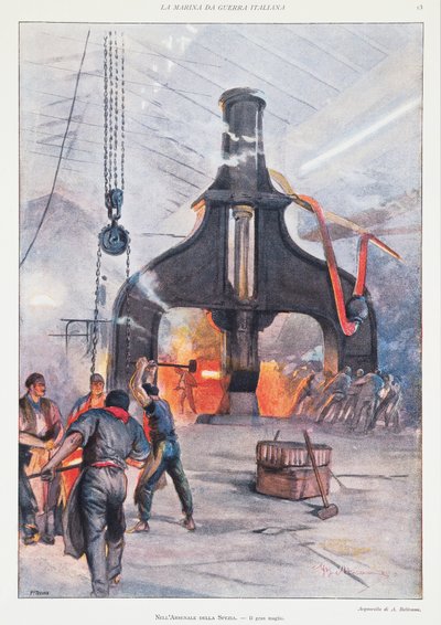 ラ・スペツィアの工廠にある巨大なハンマー、イラスト、イラストレーターAchille Beltrame（1871-1945）の作品、La Domenica del Corriereより。 作： Achille Beltrame