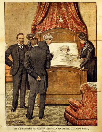 瀕死のジュゼッペ・ヴェルディ（1813-1901）、アキレ・ベルトラーメ（1871-1945）のイラスト。イタリア、20世紀 作： Achille Beltrame