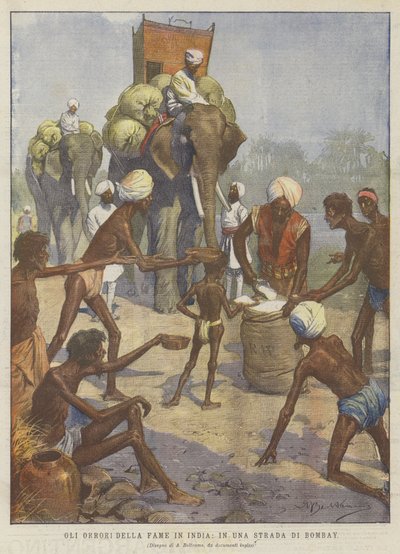 インドの飢餓の惨状、『ボンベイの街角』（カラーリトグラフ 作： Achille Beltrame