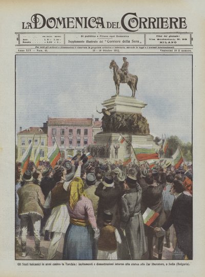 バルカンはトルコに対して武装している、像の周りの扇動とデモ？ 作： Achille Beltrame