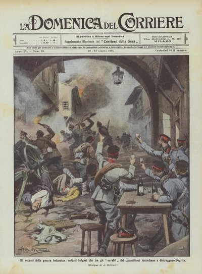 バルカン戦争の余波、ブルガリアの兵士たちがうらの中に！仲間の兵士が火を放ちましたか？ 作： Achille Beltrame