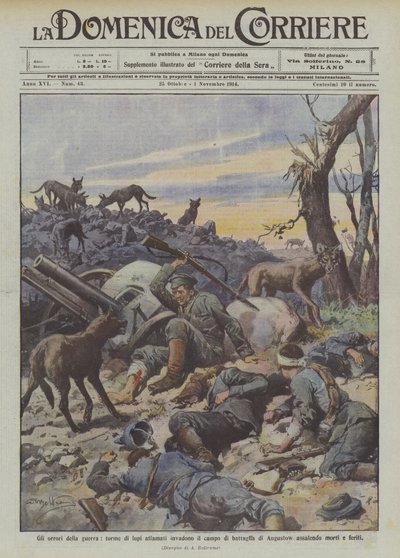 戦争の恐怖、空腹のオオカミの群れがアウグストフの戦場に侵入し、死者と負傷者を襲撃する 作： Achille Beltrame
