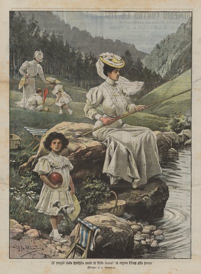 女王エレナ釣り、ヴァッレジェッソの王族の余暇 作： Achille Beltrame