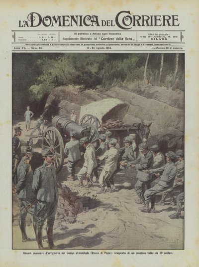 カンピダニバレ（Rocca di Papa）での大砲の操縦、60人の兵士が作った迫撃砲の輸送 作： Achille Beltrame