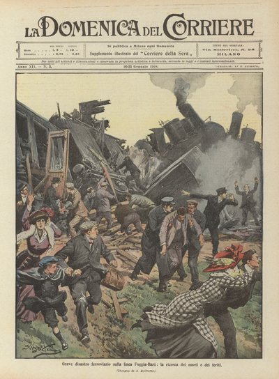 フォッジャバリ線での深刻な鉄道災害、死者と負傷者の捜索 作： Achille Beltrame