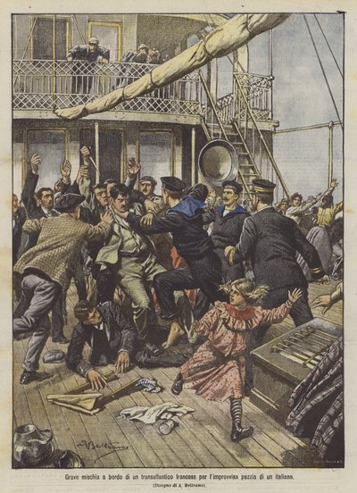イタリア人の突然の狂気のためのフランスのオーシャンライナーに乗った深刻な乱闘 作： Achille Beltrame