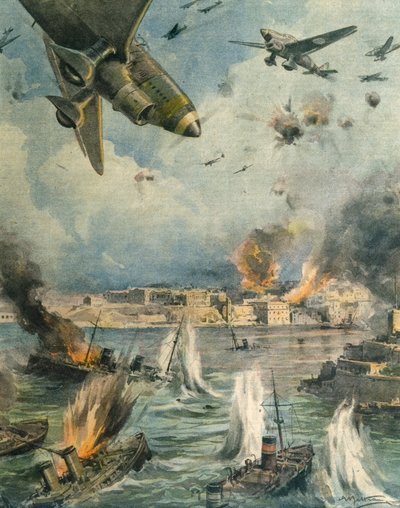 マルタ島上空での枢軸国の大空軍の攻撃、イラスト、Achille Beltrame（1871-1945）によるもの、1942年1月25日のLa Domenica del Corriereより。 作： Achille Beltrame