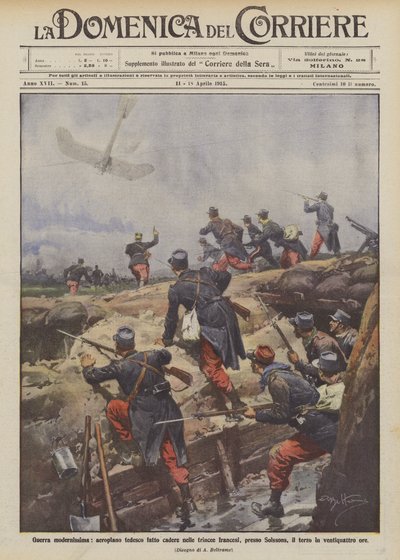 非常に近代的な戦争、ドイツの飛行機はソワソンの近くのフランスの塹壕に落ちましたか？ 作： Achille Beltrame