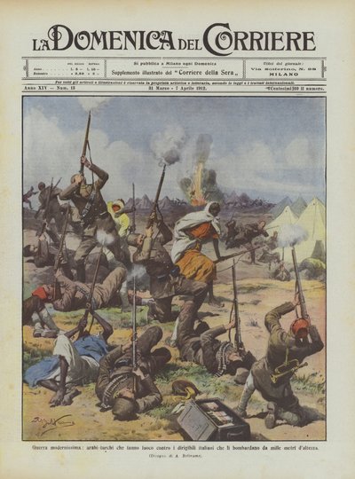 非常に近代的な戦争、爆撃したイタリアの飛行船に発砲したアラブ系トルコ人？ 作： Achille Beltrame