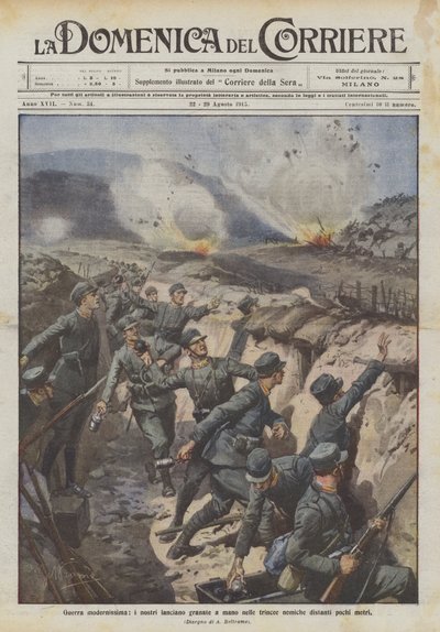 非常に近代的な戦争で、数メートル先の敵の塹壕に手榴弾を投げます 作： Achille Beltrame