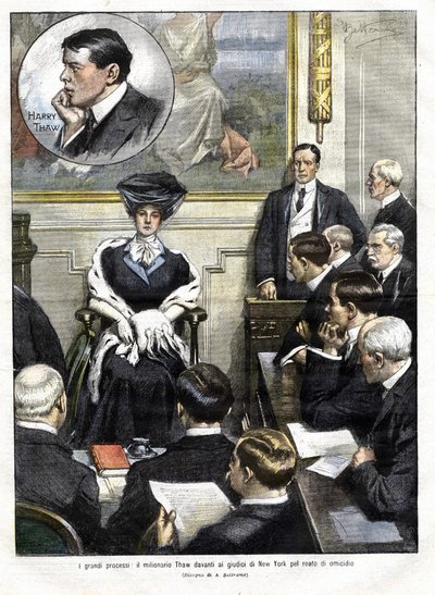 1907年、ニューヨークで行われたハリー・ソーの裁判。ハリー・ソーは、卸売業の実業家一族の息子で、1906年に、妻エヴリンの元恋人である建築家スタンフォード・ホワイトを惨殺した。 作： Achille Beltrame