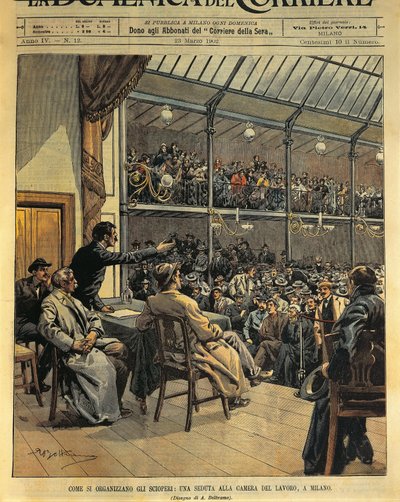 ストライキの組織方法（ミラノの労働会議所のセッション）、イラスト：Achille Beltrame（ラ・ドメニカ・デル・コリエレ、3月23日より 作： Achille Beltrame