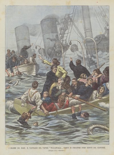 海のドラマ、クロンダイクのシーカードロベテランを積んだ蒸気難破船ワラワラ 作： Achille Beltrame