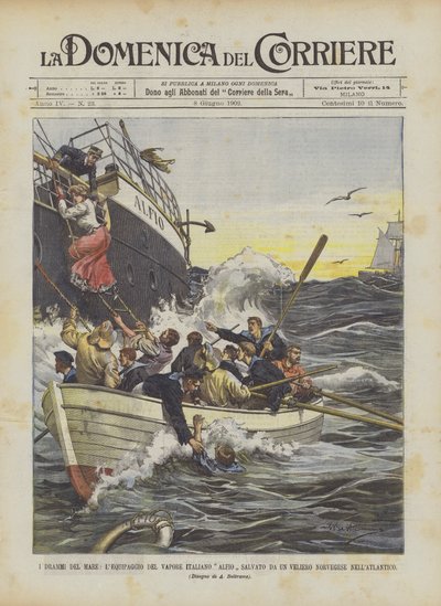 大西洋でノルウェーの帆船が救った海のドラマ、イタリアの蒸気船員アルフィオ 作： Achille Beltrame