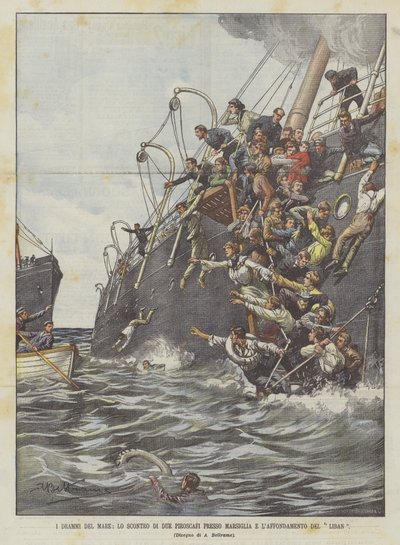 海のドラマ、マルセイユ近くの2つの蒸気船の衝突、リバンの沈没 作： Achille Beltrame