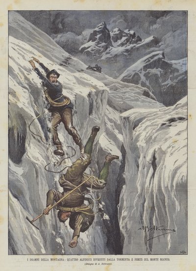 山のドラマ、嵐に襲われた4人の登山家、モンブランの専門家 作： Achille Beltrame