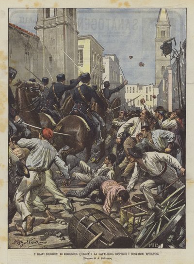 Cerignola（Foggia）の深刻な障害、騎兵隊は反乱農民を追い払う 作： Achille Beltrame