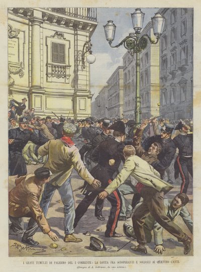 3つの現在のパレルモの深刻な暴動、4つの歌でのストライカーと兵士の戦い 作： Achille Beltrame